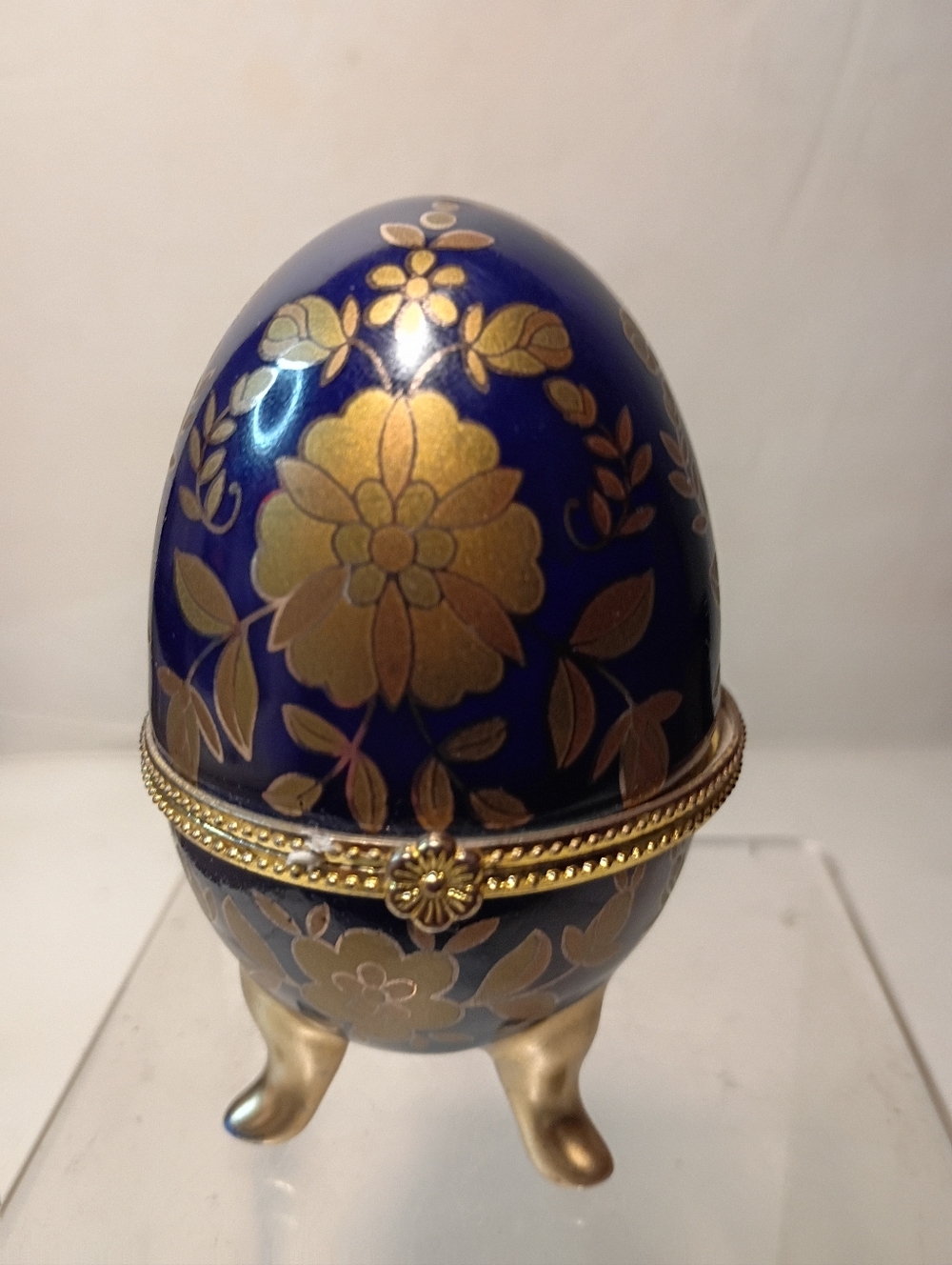Vintage Cobalt Blue Egg Hinged Trinket Box with Gold Floral Pattern & Feet 4"
